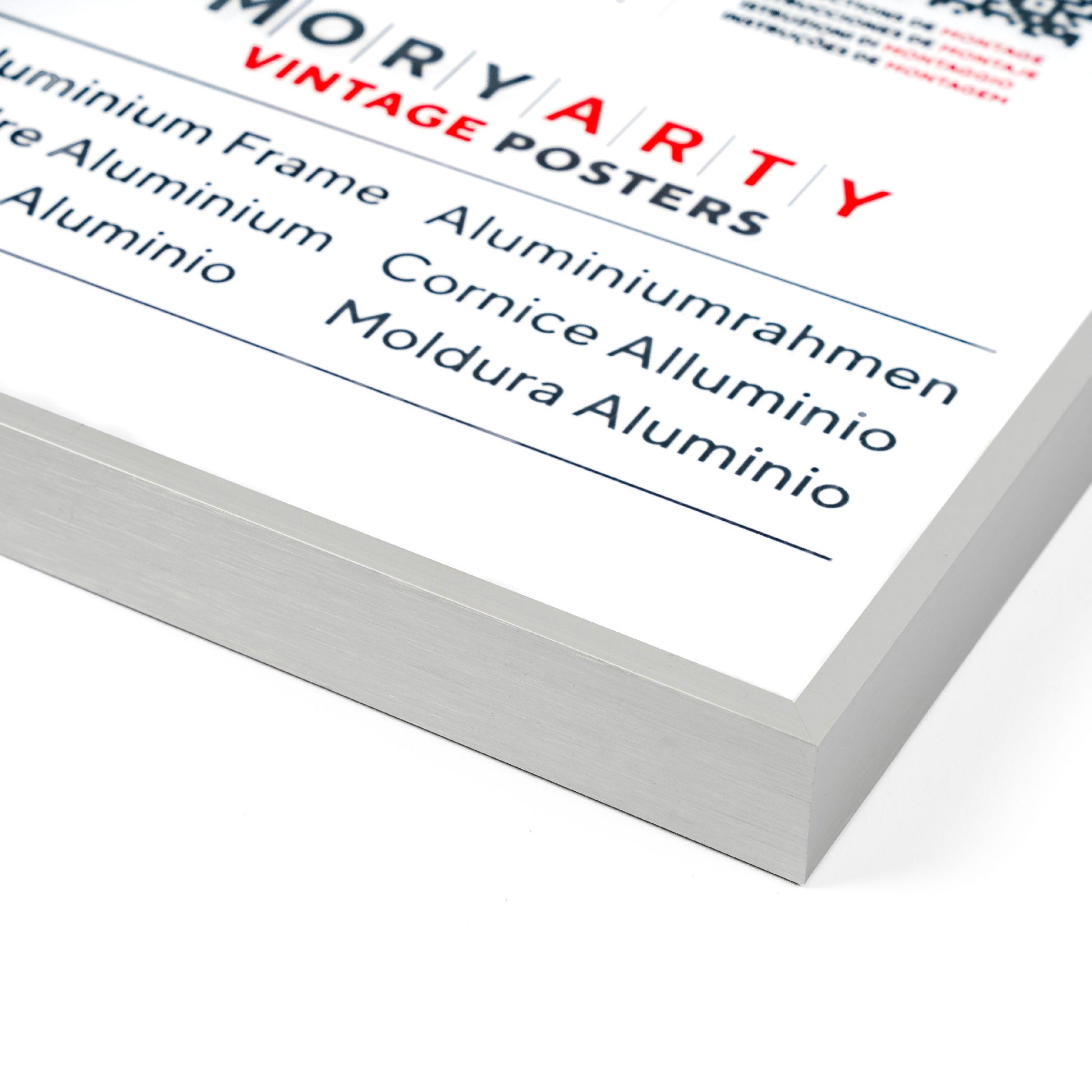 Silver aluminium picture frame with clean lines and a subtle metallic finish, suitable for displaying photos or artwork in a modern interior., front corner closeup picture