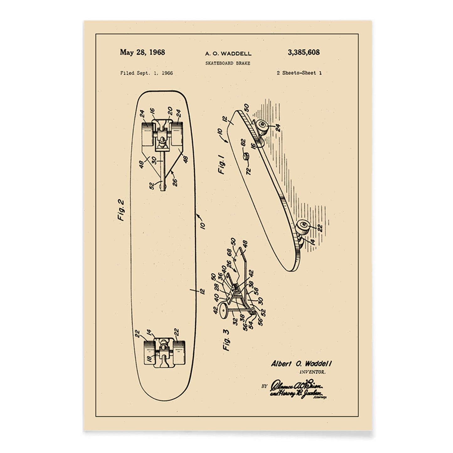 Technical illustration and poster of skateboard brake concept by artist A O Waddell titled Skate Board Brake Patent featuring labeled technical drawings for wall decor, with black aluminium frame on white background
