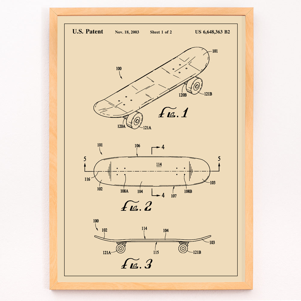 Closeup detail of Skateboard patent drawing and technical poster by US Patents ideal wall art decor