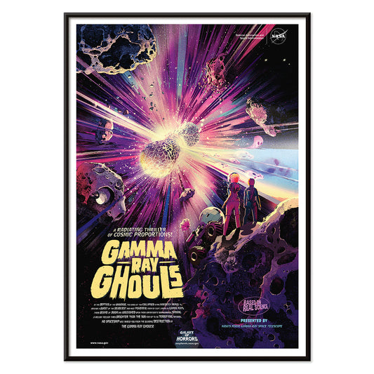 Astronauts and asteroids in vibrant cosmic explosion Gamma Ray Ghouls by NASA space wall art poster, with black aluminium frame on white background