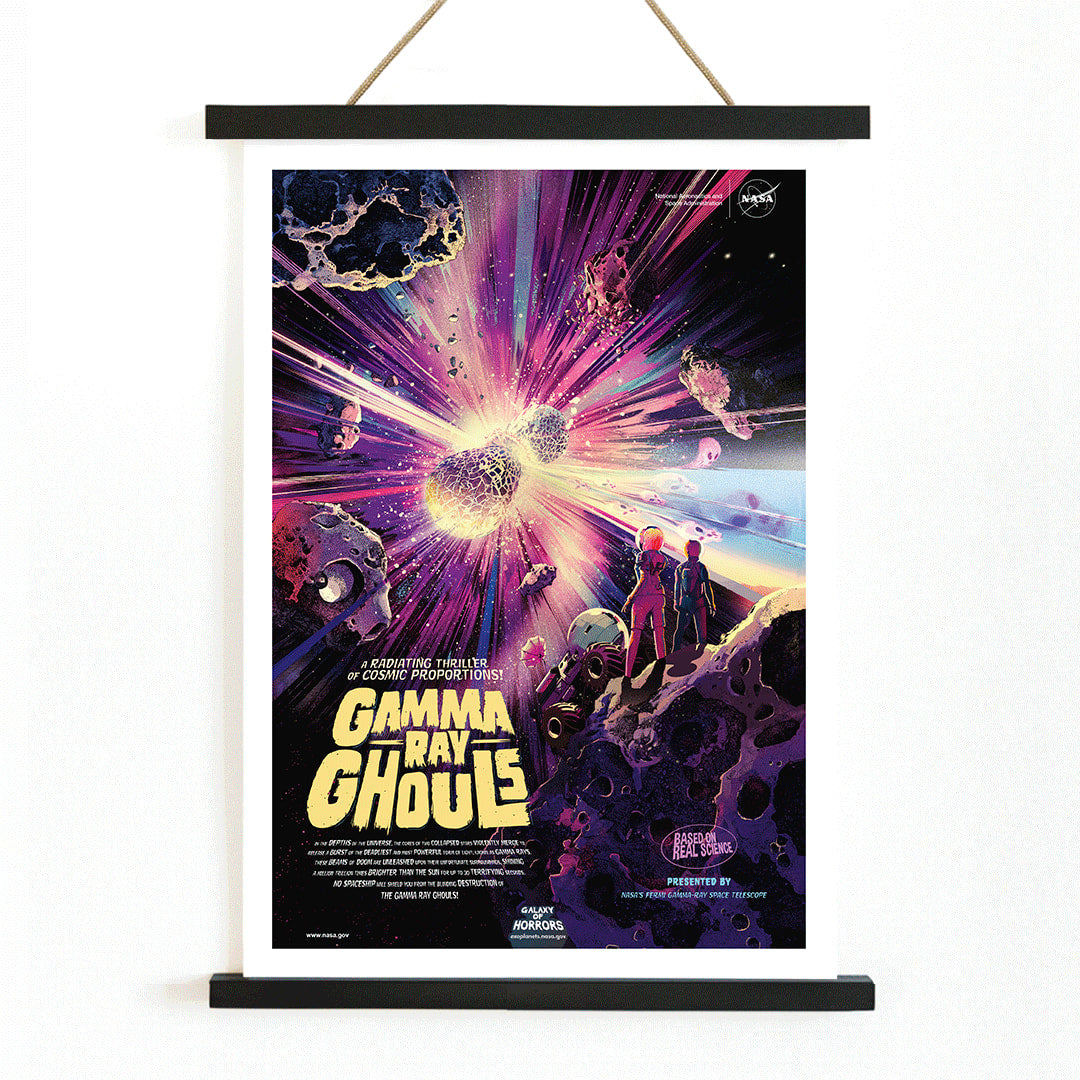 Astronauts and asteroids in vibrant cosmic explosion Gamma Ray Ghouls by NASA space wall art poster, with wooden magnetic frame on white background