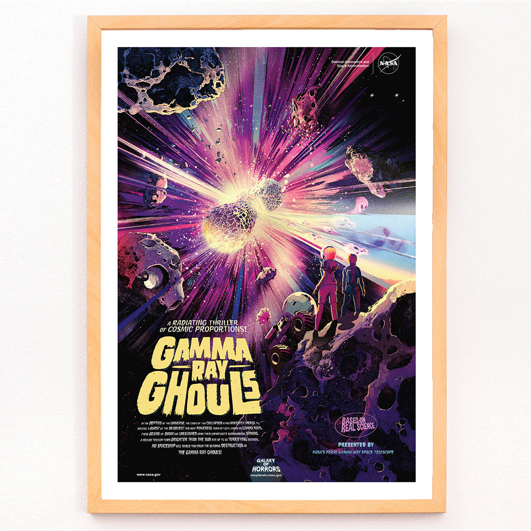 Astronauts and asteroids in vibrant cosmic explosion Gamma Ray Ghouls by NASA space wall art poster, framed and displayed in modern living room decor