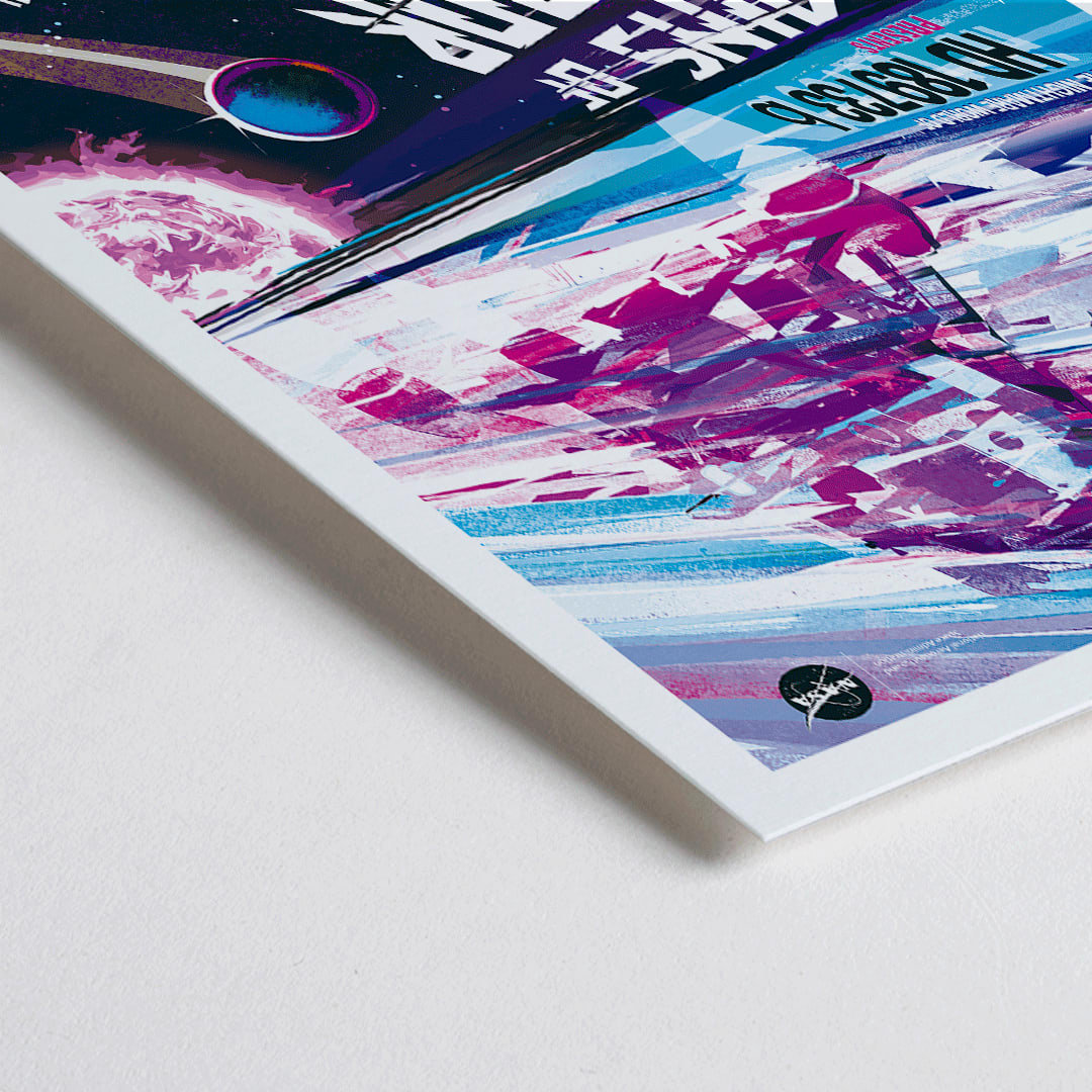 Closeup detail of Colorful sci fi poster titled Rains of Terror by NASA featuring a dramatic alien storm scene vivid colors planets and dynamic space artwork