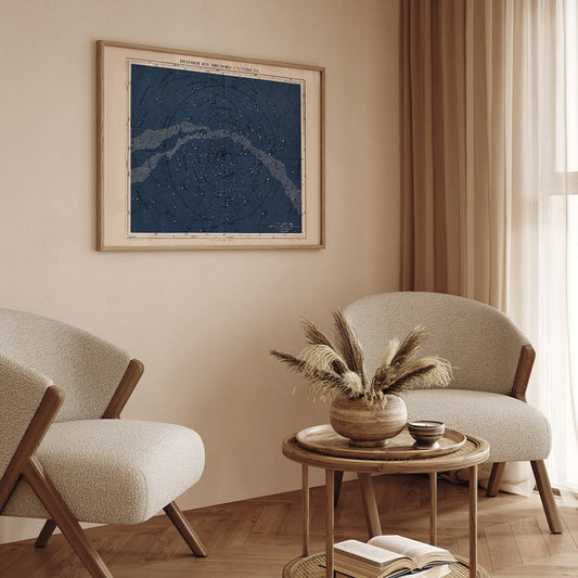 Star map of the Milky Way North Hemisphere by Institute of Liepzig featuring labeled constellations and celestial features, framed and displayed in home decor