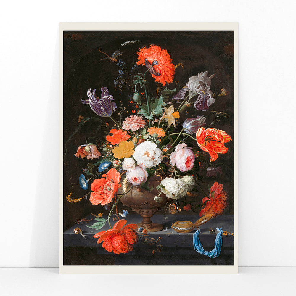 Colorful bouquet of flowers in a vase with a watch vibrant floral arrangement by Abraham Mignon Still Life with Flowers and a Watch poster, framed and displayed in modern living room decor