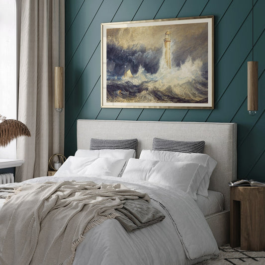 Bell Rock Lighthouse painting by Joseph Mallord William Turner showing a lighthouse in stormy seas with towering waves and a sailboat, framed and displayed in home decor