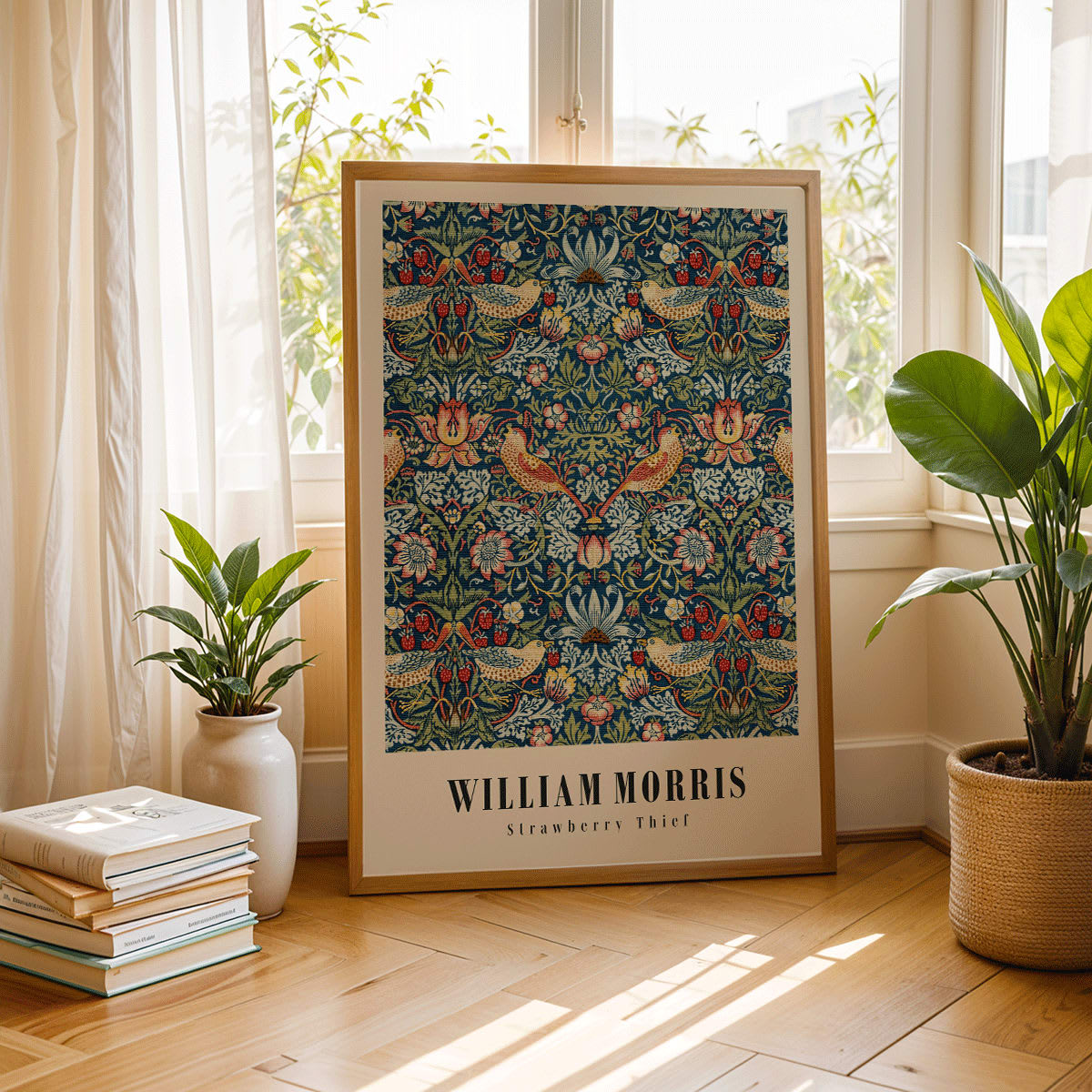 Strawberry Thief by William Morris ornate floral and bird pattern artwork poster with intricate designs and rich colors, framed and displayed in home decor