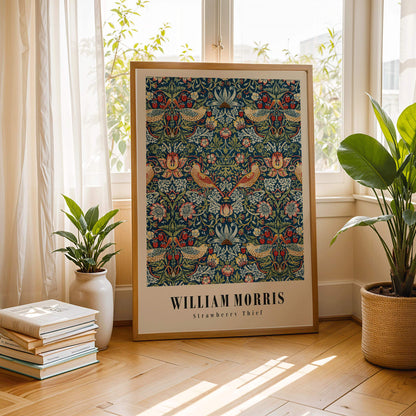 Strawberry Thief by William Morris ornate floral and bird pattern artwork poster with intricate designs and rich colors, framed and displayed in home decor