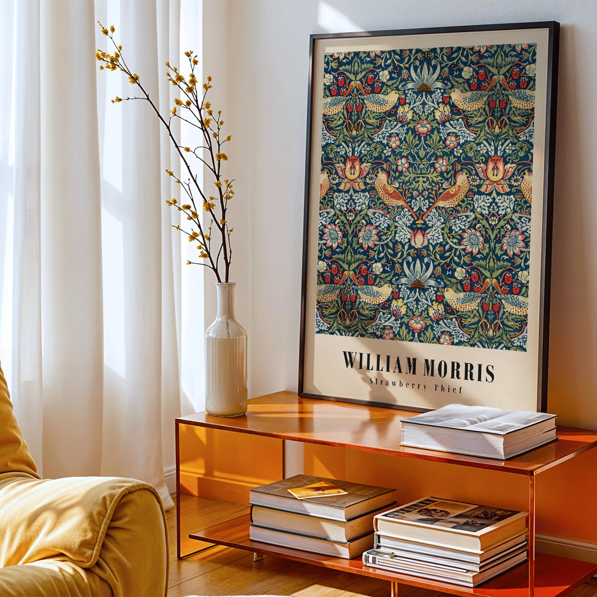 Strawberry Thief by William Morris ornate floral and bird pattern artwork poster with intricate designs and rich colors, framed and displayed in modern living room decor