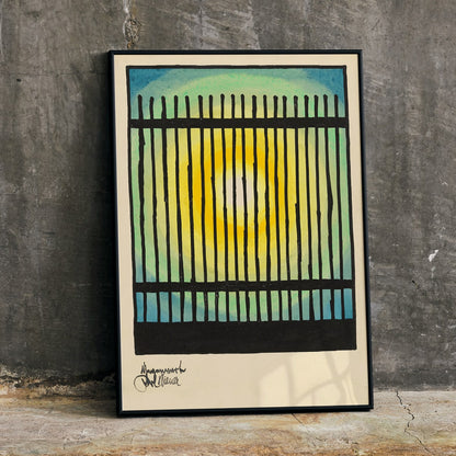 Abstract sun and colorful bars with bright center in Gegenwart artwork by Karl Wiener modern decor poster, framed and displayed in home decor