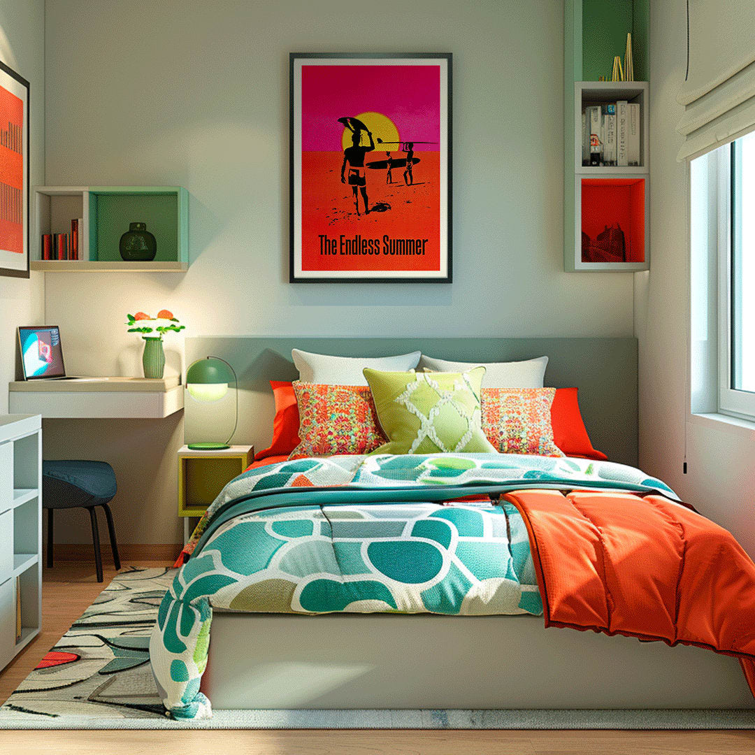 The Endless Summer poster with surfers carrying boards on a beach at sunset against a stylized sunset backdrop, framed and displayed in home decor