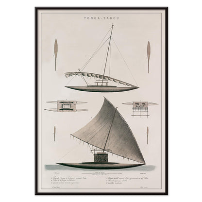 J. Tastu Tonga-Tabou poster with detailed pirogues of chief Palou, rigging studies, and antique nautical drawings in soft grey and beige tones, with black aluminium frame on white background