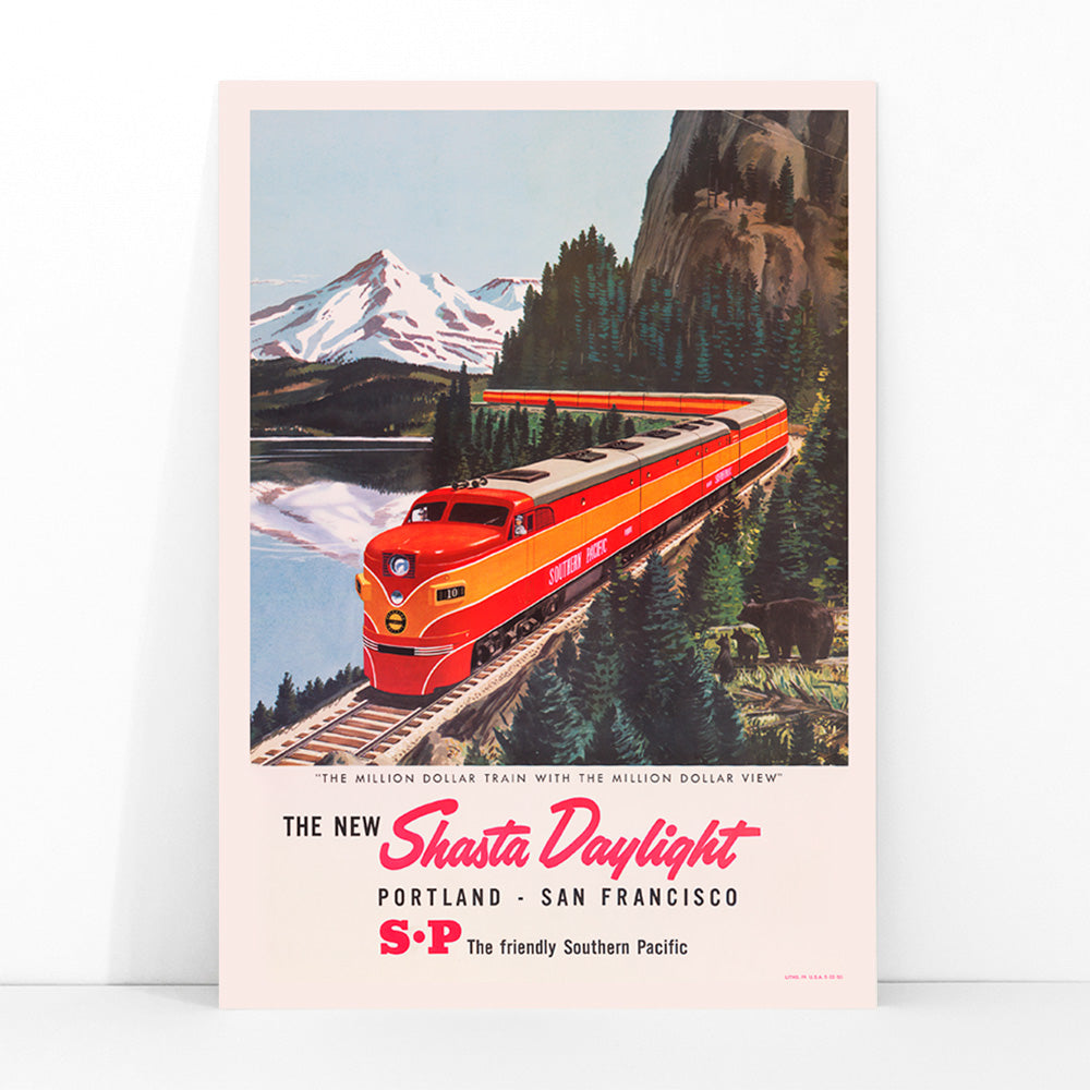 Colorful red train traveling through scenic mountain landscape Shasta Daylight Portland San Francisco vintage artwork poster, framed and displayed in modern living room decor