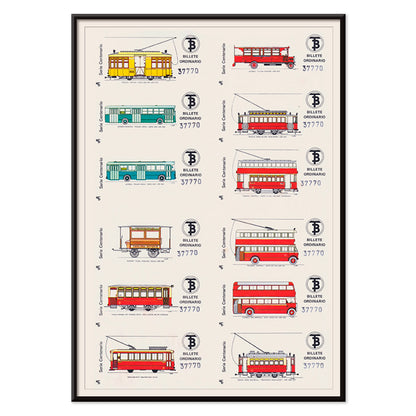 Vintage Barcelona bus and tram ticket illustrations poster Billetes Bus Barcelona artwork, with black aluminium frame on white background