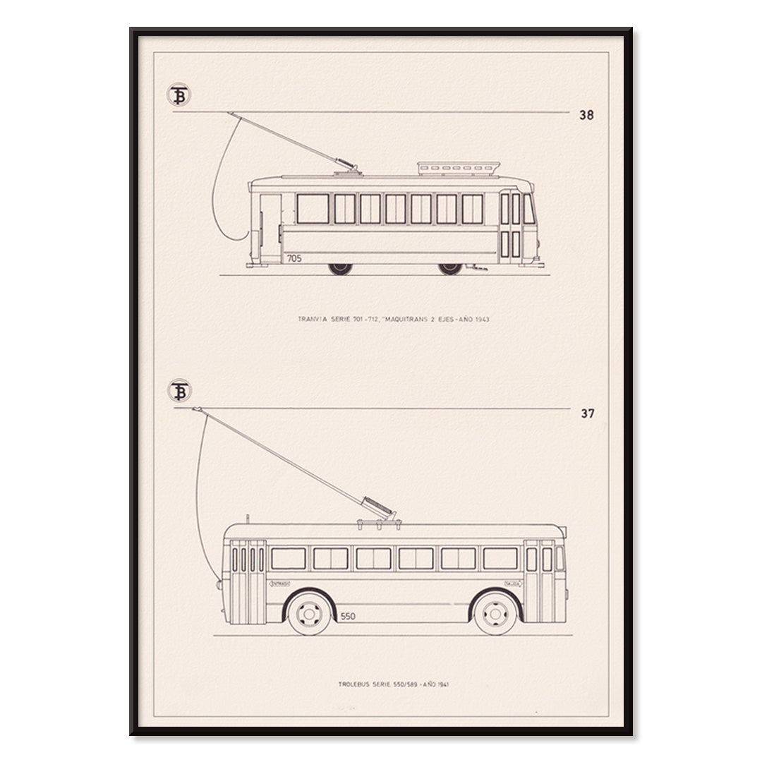 Technical drawings poster of tram Tranvia Serie 701 712 and trolleybus Trolebus Serie 550 589 by Maquitrans, with black aluminium frame on white background
