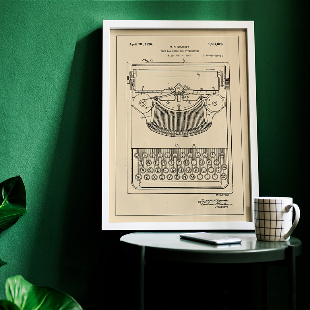 Vintage typewriter patent illustration by R F Brandt with technical details and drawing, framed and displayed in home decor