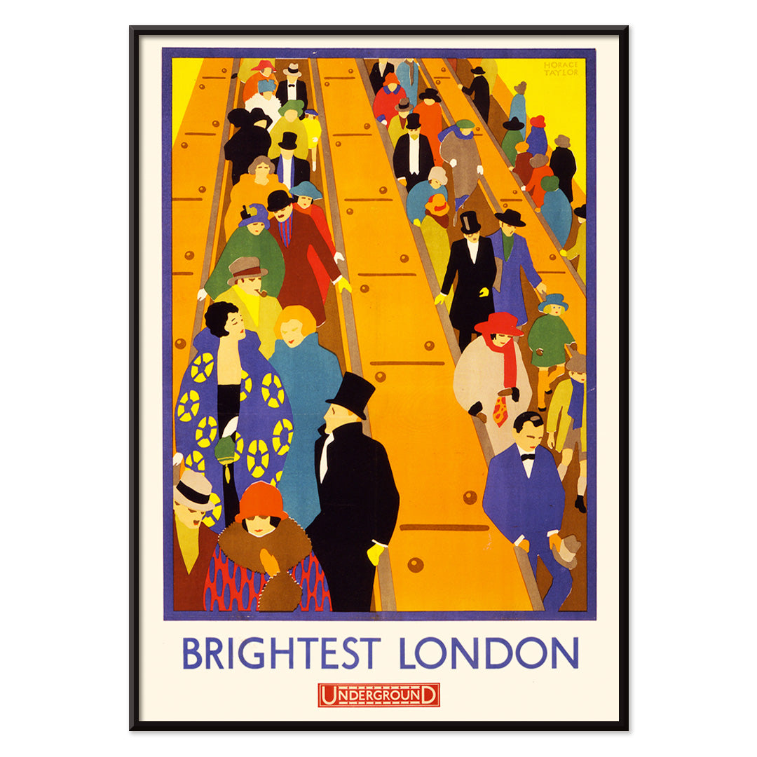 Colorful crowds on London Underground escalators artwork Brightest London by Horace Taylor poster, with black aluminium frame on white background