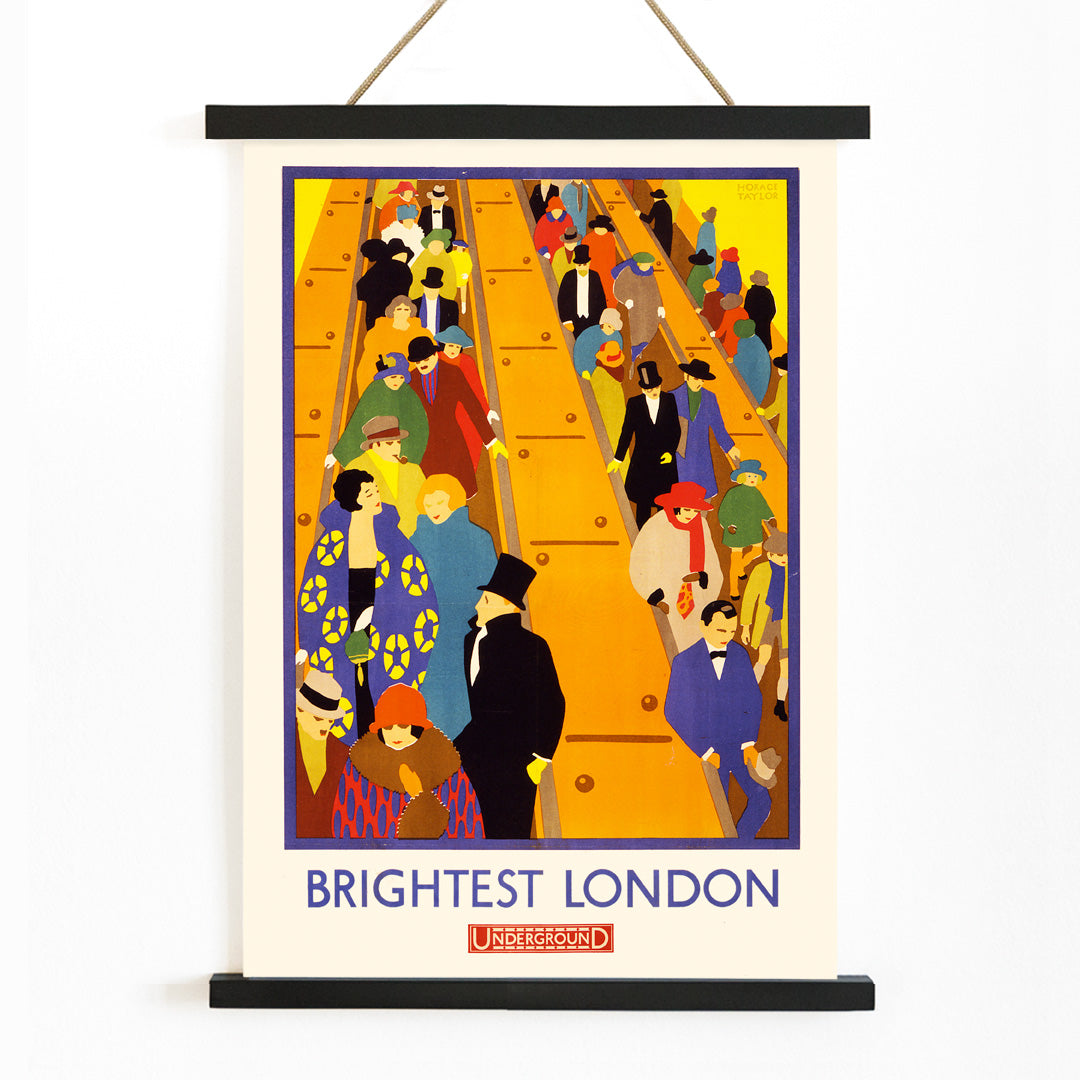Colorful crowds on London Underground escalators artwork Brightest London by Horace Taylor poster, with wooden magnetic frame on white background