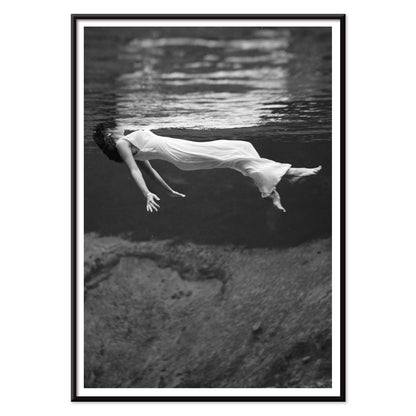 Underwater woman in white flowing dress at Weeki Wachee spring Florida by Toni Frissell, with black aluminium frame on white background