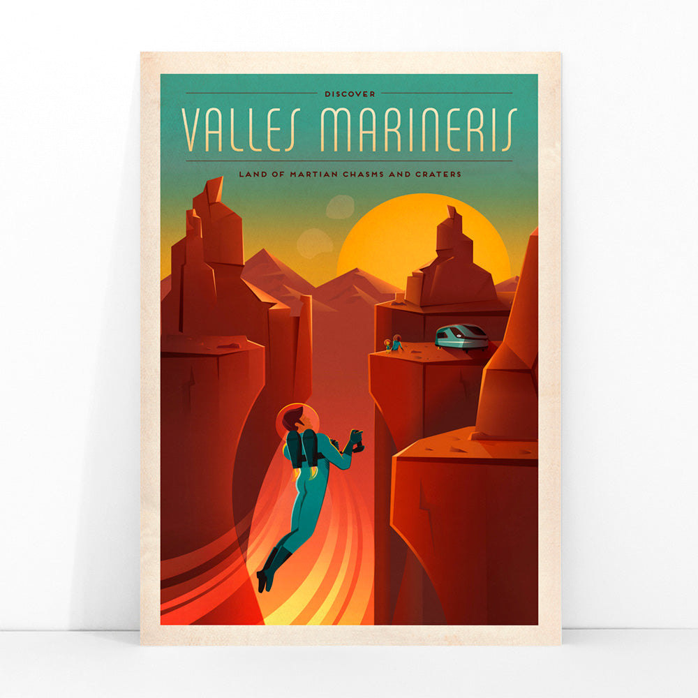 Astronaut exploring red Martian canyons at sunset in Valles Marineris by SpaceX poster, framed and displayed in modern living room decor