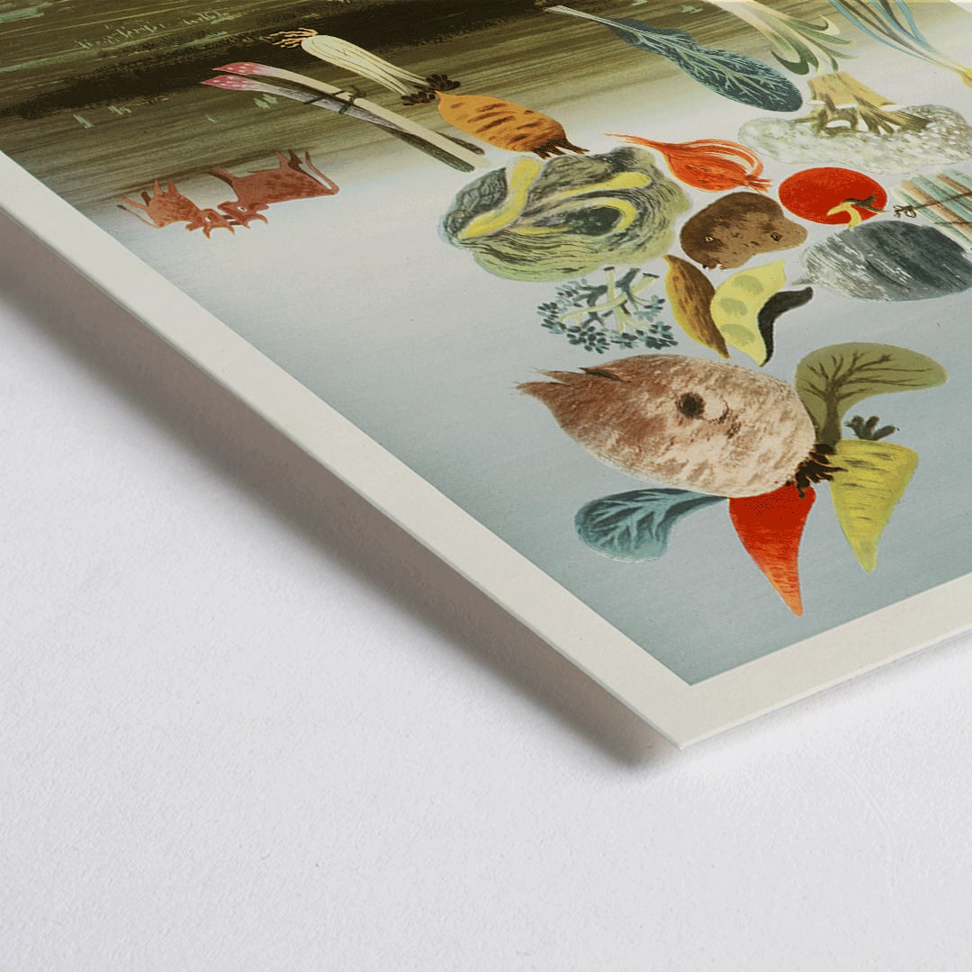 Closeup detail of The Vegetabull by Lewitt-Him painting and poster showing a bull made of vegetables on grass background