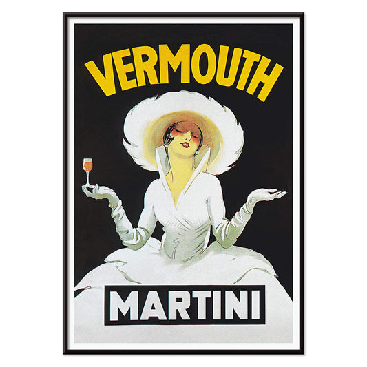 Vermouth Martini by Marcello Dudovich vintage poster art featuring an elegant woman in white holding a glass against a black background, with black aluminium frame on white background