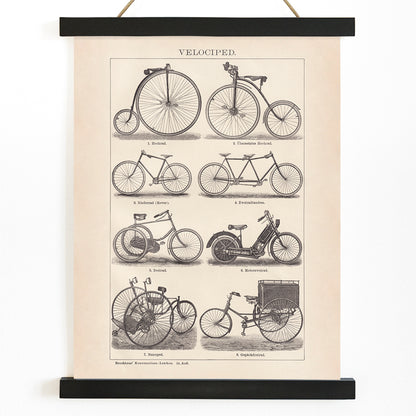 Vintage bicycle types and illustrations by Bibliographic institute of Liepzig Velociped with labeled bike types, with wooden magnetic frame on white background