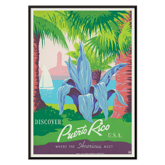 Discover Puerto Rico travel poster by WPA featuring vibrant tropical scenery tropical plants a sailboat and a historic fort in colorful art, with black aluminium frame on white background
