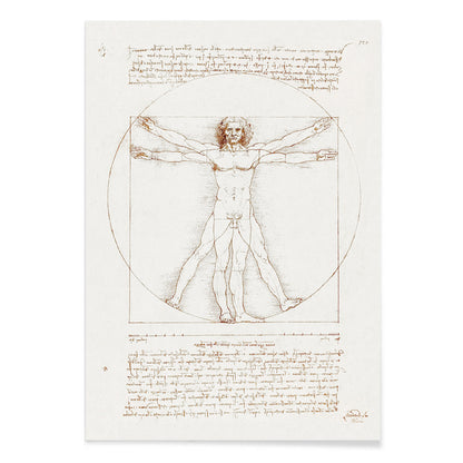 Vitruvian Man by Leonardo da Vinci human figure anatomical study with outstretched arms and legs inside circle and square geometric shapes artwork poster, with black aluminium frame on white background