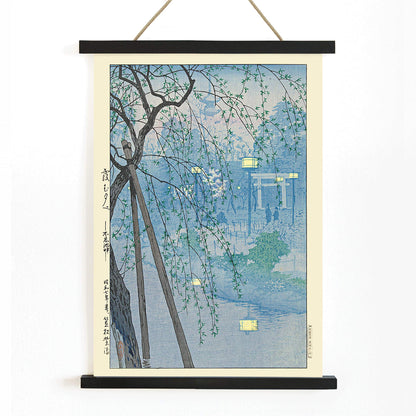 Tranquil view of willow branches over Shinobazu pond at dusk in misty blue tones by Kasamatsu Shiro, with wooden magnetic frame on white background