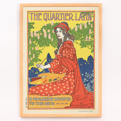 Closeup detail of Art Nouveau poster The Quartier Latin by Louis Rhead showing a woman artist in a red dress painting with floral background and vibrant outdoor colors