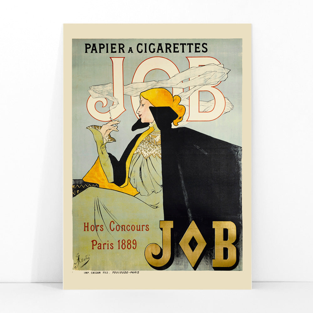 Elegant woman in fashionable attire smoking cigarette vintage art nouveau poster by Jane Atche Papier A Cigarettes Job, framed and displayed in modern living room decor