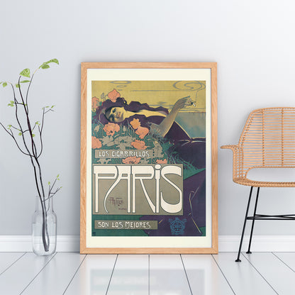 Reclining woman in a field with flowers smoking and advertising Cigarrillos Paris vintage poster artwork by Aleardo Villa, framed and displayed in home decor