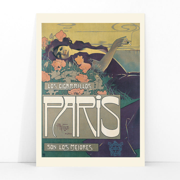 Reclining woman in a field with flowers smoking and advertising Cigarrillos Paris vintage poster artwork by Aleardo Villa, framed and displayed in modern living room decor