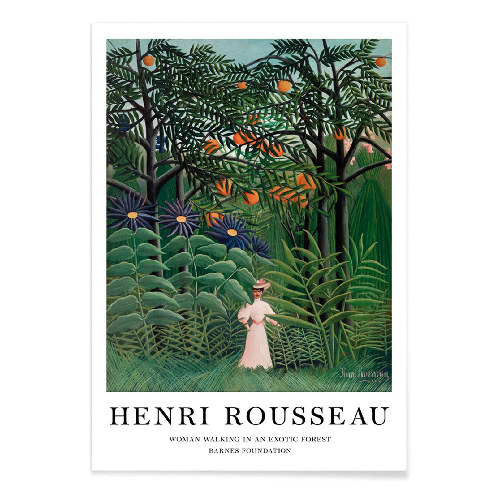 Woman in white dress walking through lush jungle plants in Exotic Forest by Henri Rousseau poster, with black aluminium frame on white background