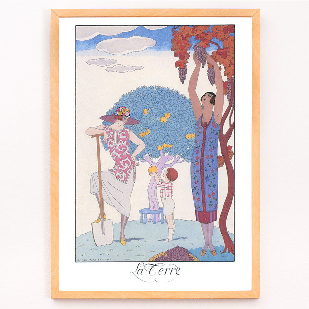 Closeup detail of Art Deco illustration and poster by George Barbier featuring women and a child harvesting fruit in a colorful stylized garden