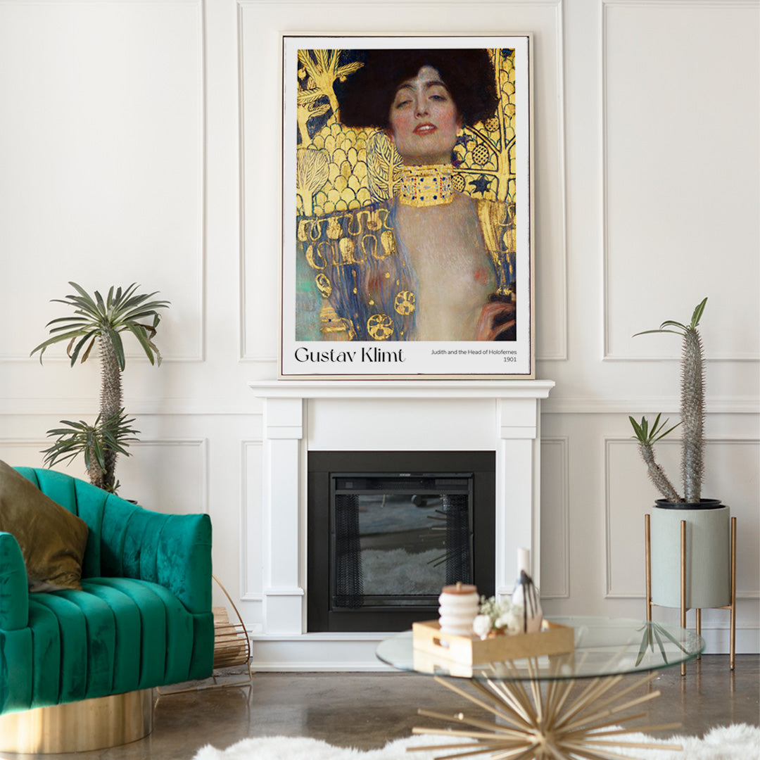 Judith and the Head of Holofernes by Gustav Klimt on ornate gold background art poster, framed and displayed in home decor