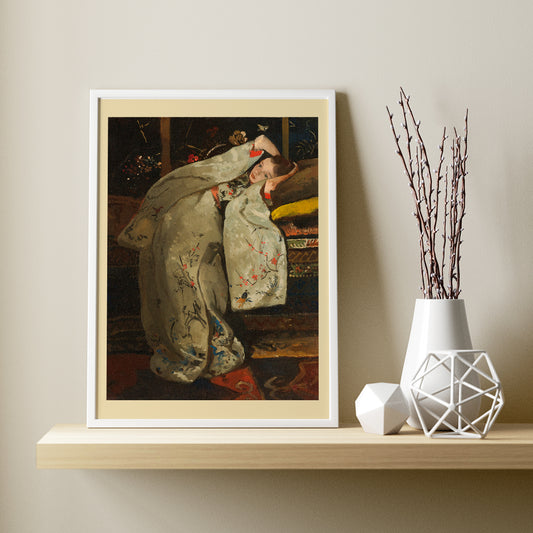 Girl in a white kimono resting on a couch artwork by George Hendrik Breitner painting poster, framed and displayed in home decor