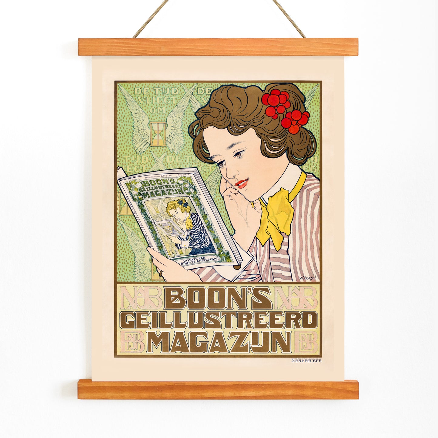 Art Nouveau poster of a woman reading Boon Magazine by Johann Georg van Caspel with decorative floral details, with wooden magnetic frame on white background