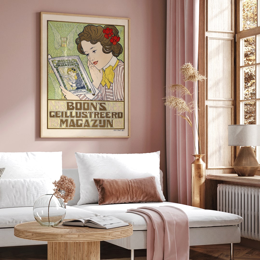 Art Nouveau poster of a woman reading Boon Magazine by Johann Georg van Caspel with decorative floral details, framed and displayed in home decor