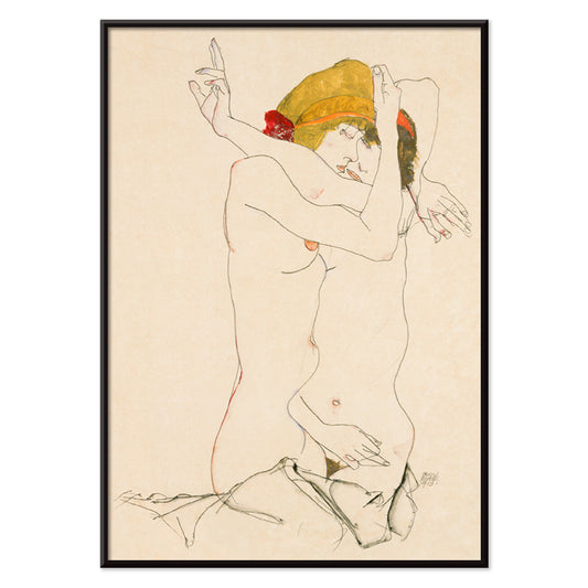 Two Women Embracing by Egon Schiele expressive artwork poster featuring two nude women in an intimate pose, with black aluminium frame on white background
