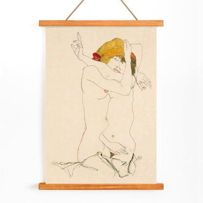 Two Women Embracing by Egon Schiele expressive artwork poster featuring two nude women in an intimate pose, with wooden magnetic frame on white background