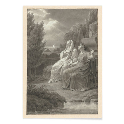 Two women in classical attire seated outdoors gazing at the night sky artwork by Jacques Kuyper, with black aluminium frame on white background
