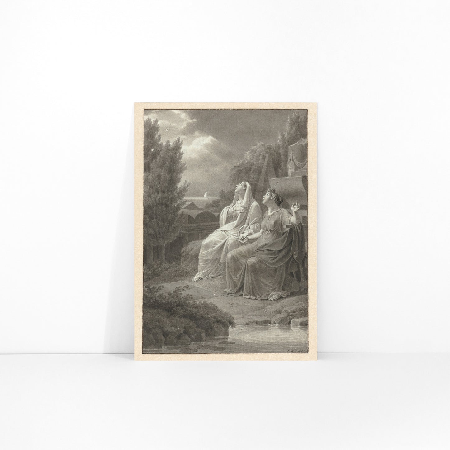 Two women in classical attire seated outdoors gazing at the night sky artwork by Jacques Kuyper, framed and displayed in modern living room decor