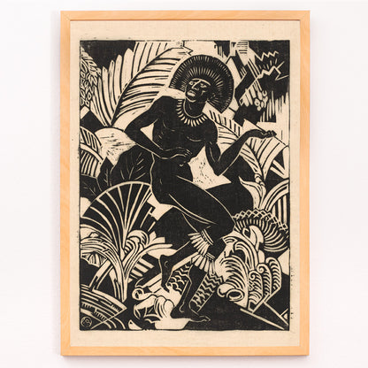 Closeup detail of Black and white artwork and poster of a stylized dancing figure among bold jungle plants by Henri van der Stok Jager