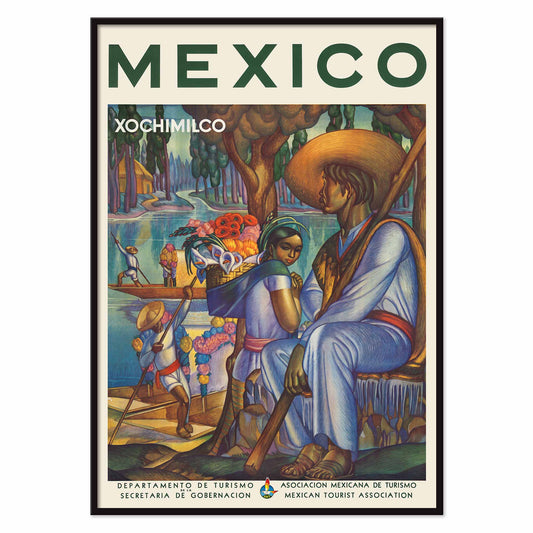 Xochimilco poster with canal boats, flower vendors, and local travelers beneath trees in vivid green, blue, orange, and red, with black aluminium frame on white background