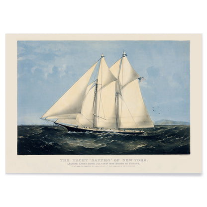 Chromolithograph artwork of Yacht Sappho sailing on the ocean by Currier and Ives poster showing sailing yacht at sea titled Chromolithograph of the yacht Sappho of New York, with black aluminium frame on white background