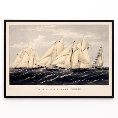 Closeup detail of Sailboats and yachts racing on the ocean under clear skies in Yachts on a Summer Cruise by Currier and Ives