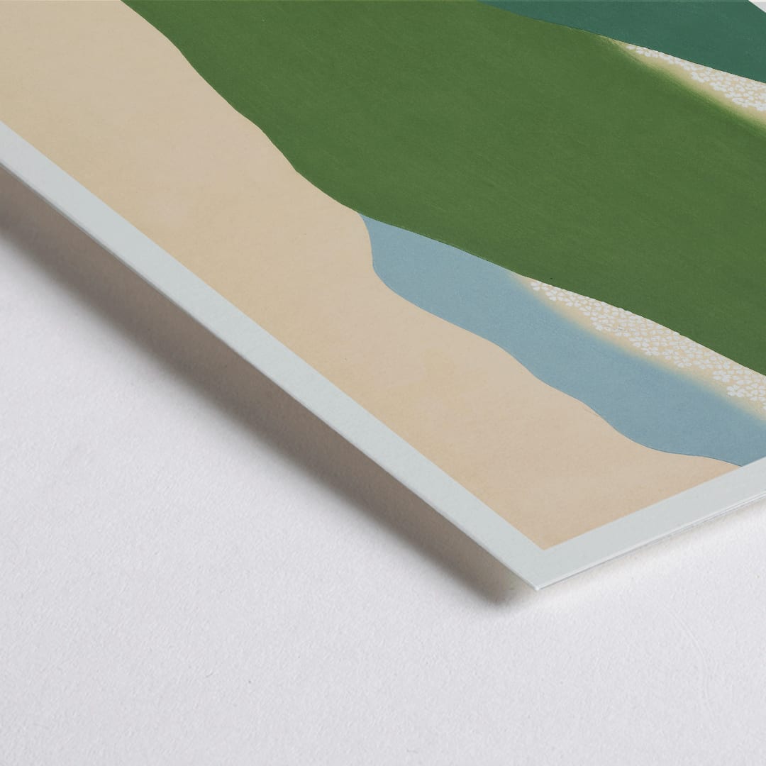 Closeup detail of Landscape painting and poster of abstract green and blue hills Yoshino by Kamisaka Sekka