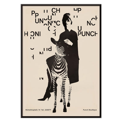Fashionable woman with zebra by Paul Mitzkat Punch Boutique Poster featuring monochrome design and floating text elements, with black aluminium frame on white background